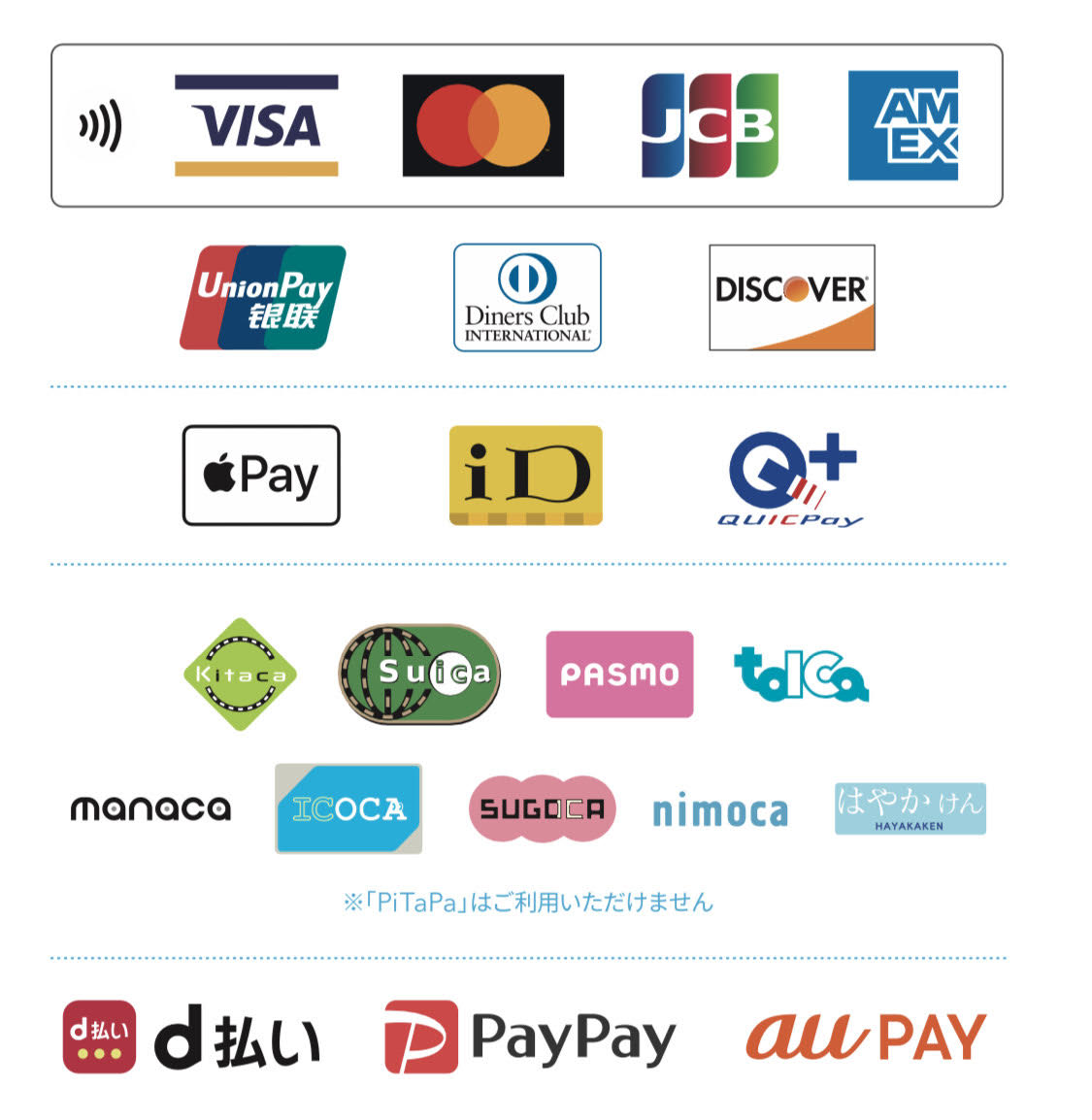 各種クレジットカード、電子マネー、QRコード決済がご利用可能です